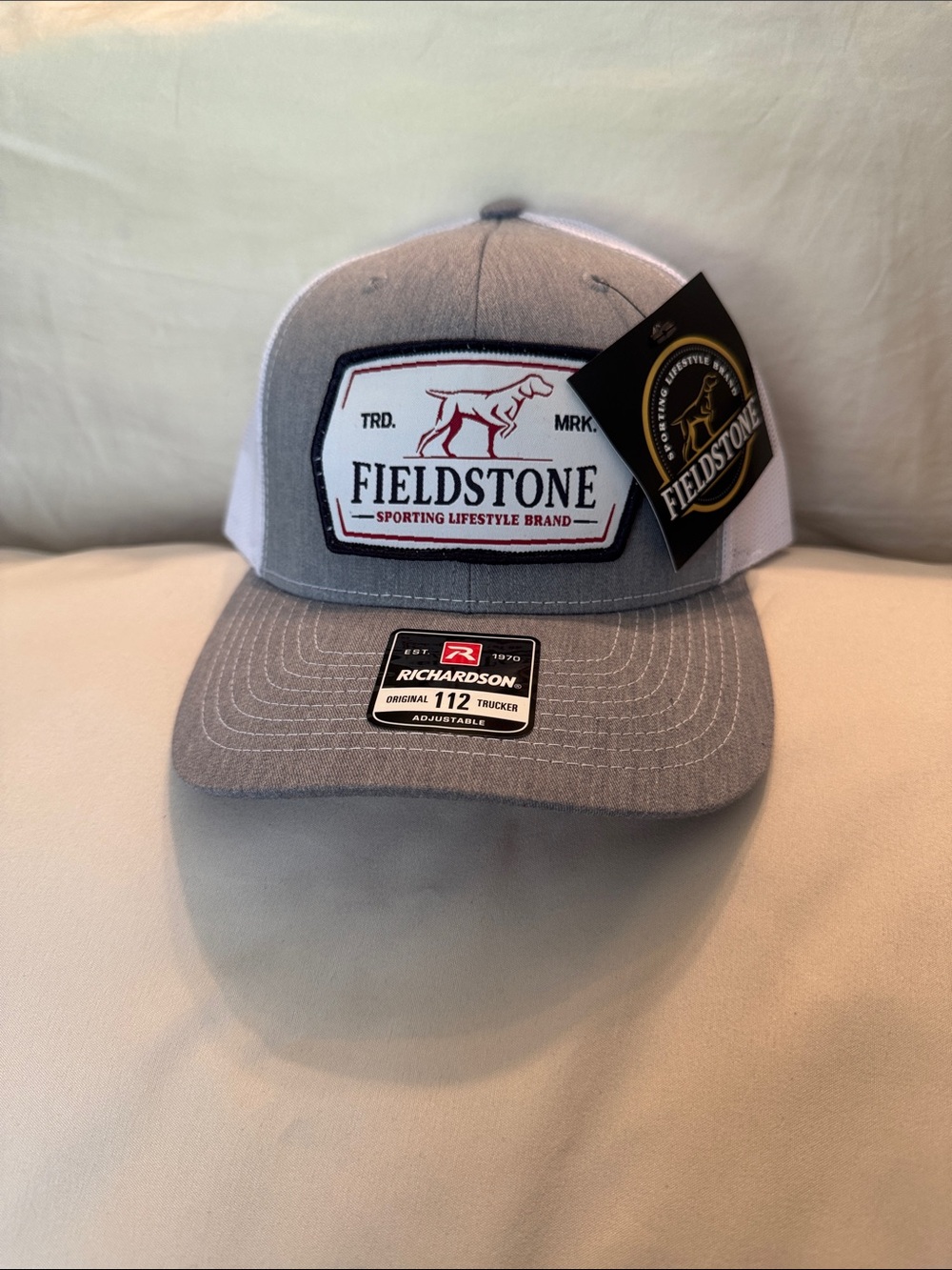 Fieldstone Grey & White Trucker Hat with Patch Logo